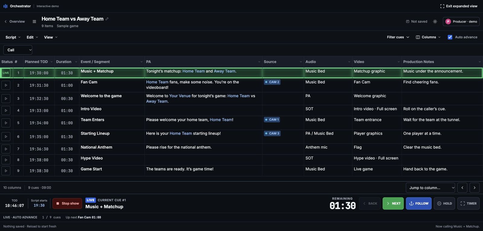 Orchestrator sample rundown with a bright green live cue, compact department columns, and show timing controls along the bottom.